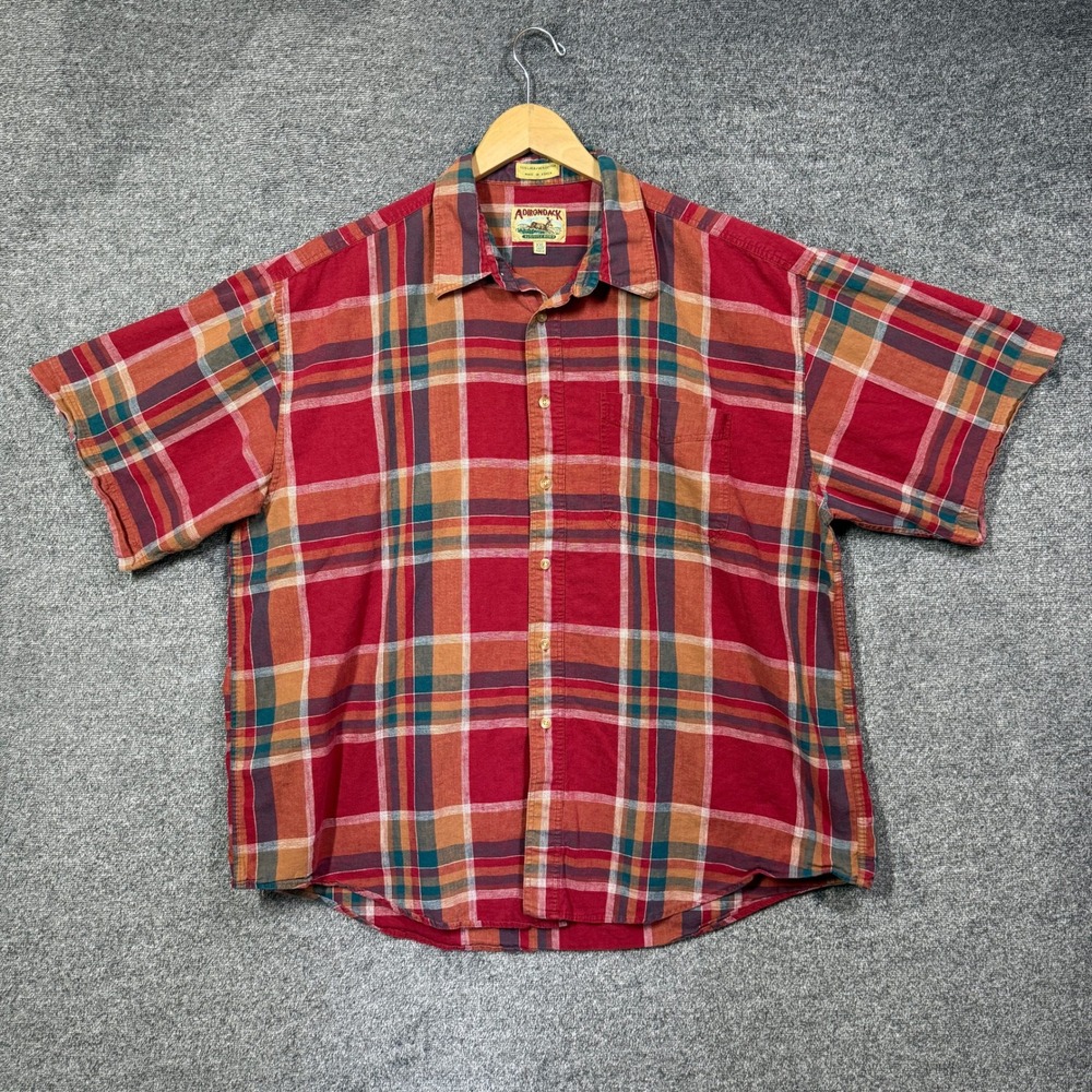 Vintage Adirondack Shirt Mens XXL Linen Blend Plaid Red Short Sleeve Savile Row